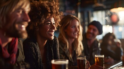 Friends enjoying drinks and conversation at a lively bar.