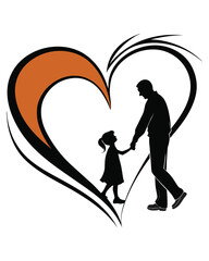A black silhouette of a father and daughter holding hands, walking inside a stylized heart outline. The heart's upper left curve is colored orange. This illustration symbolizes family love and care