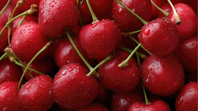 Fresh red cherries glistening with water droplets gathered after washing in a sunny kitchen setting