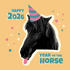 Funny postcard with a halftone horse showing a tongue. Happy Year of the Horse 2026. Vector illustration
