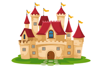 Cartoon fairytale castle with red roofs and green grass illustration