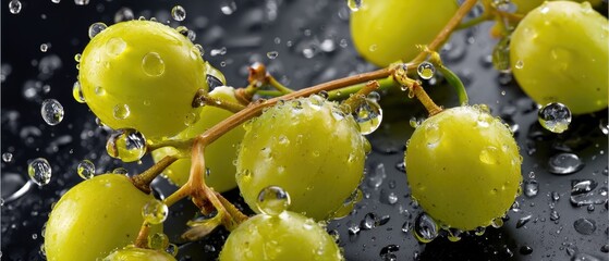 Fresh green grapes covered in water droplets on a dark background create an appealing look for fruit lovers and food photography enthusiasts