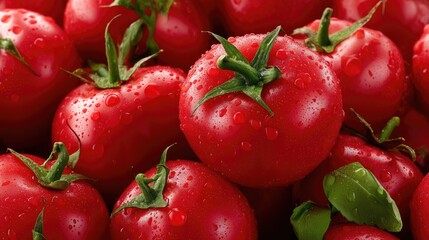 Fresh, vibrant red tomatoes glistening with water droplets in a market display, showcasing their natural allure and quality for cooking or salads