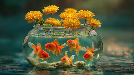 Fish tank filled with goldfish and floating yellow marigold flowers.
