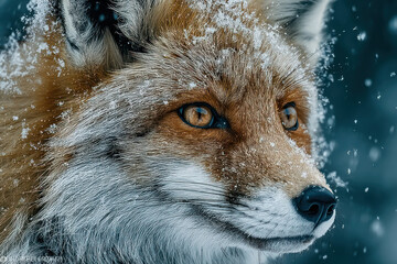 Fototapeta premium A close-up portrait of a red fox in a winter forest, taken during a snowfall. 