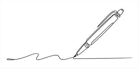 A minimalist continuous line art illustration of a pen writing a wavy line Vector, illustration