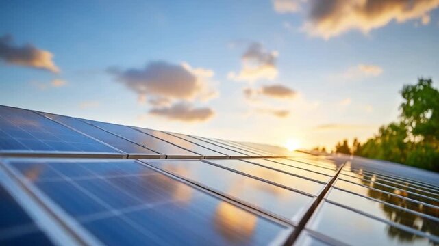Solar Panel Array at Sunset: A close-up view of a solar panel array reflecting the golden hues of a setting sun and scattered clouds, surrounded by lush green trees in the distance.