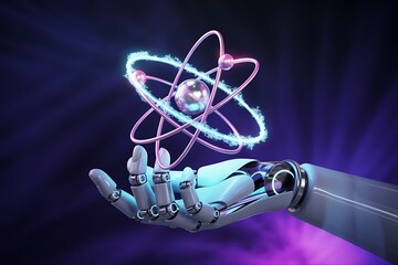 Robot hand holding a glowing atom model in futuristic setting