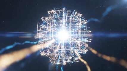 Glowing white and orange 3D network sphere with radiant lines on a dark background with a futuristic feel. - Powered by Adobe