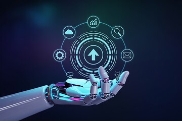 Robotic hand holding digital interface with technology icons