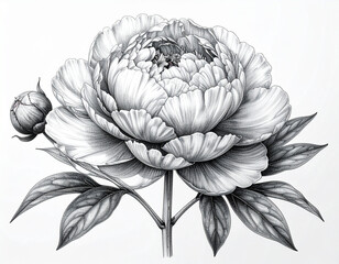 A black and white drawing of a peony flower on a white background, with leaves and bu 