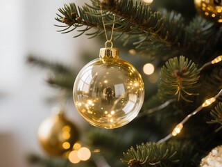 Close-up of a glowing golden Christmas bauble hanging on a fir tree branch, illuminated by soft, warm fairy lights