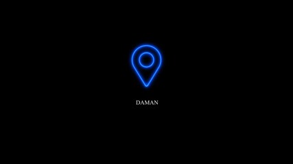 Daman text animation with glowing blue neon location marker, GPS geolocation pin highlighting city name, modern GPS location tracking concept, 4K video.
