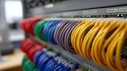 Colorful network cables neatly plugged into a server rack with blinking indicator lights