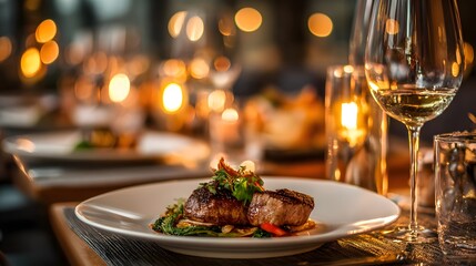 Gourmet Steak Dinner with Wine in Elegant Restaurant Ambiance.