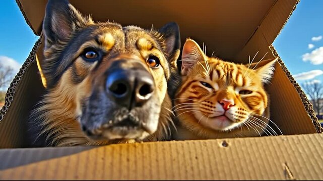 A dog and a cat are looking out of a cardboard box