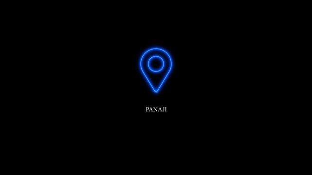 Panaji text animation with glowing blue neon location marker, GPS geolocation pin highlighting city name, modern GPS location tracking concept, 4K video.