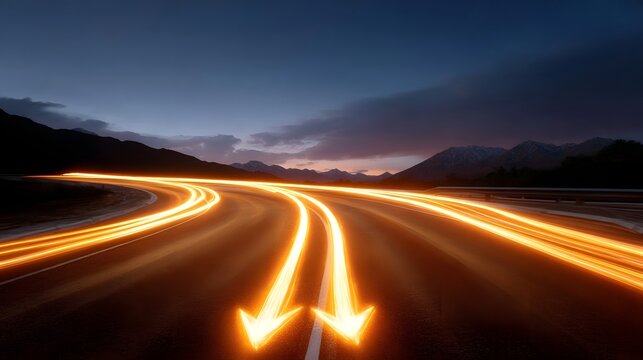 Dynamic luminous light trails form arrows on a highway at dusk symbolizing speed and direction