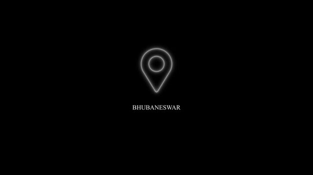 Bhubanaswar text animation with glowing blue neon location marker, GPS geolocation pin highlighting city name, modern GPS location tracking concept, 4K video.