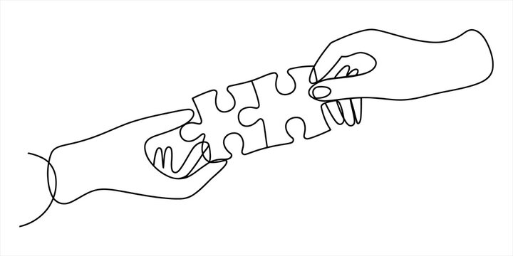 Continuous line art illustration of two hands connecting puzzle pieces for teamwork and solution Vector, illustration