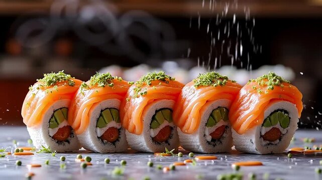 A group of sushi rolls with salmon and avocado on a table