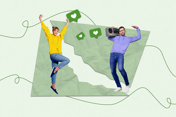 Image sketch 3d photo collage of two happy girl guy sit together love feelings family bonding...