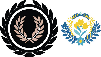 Emblems and badges with floral motifs and laurel wreaths