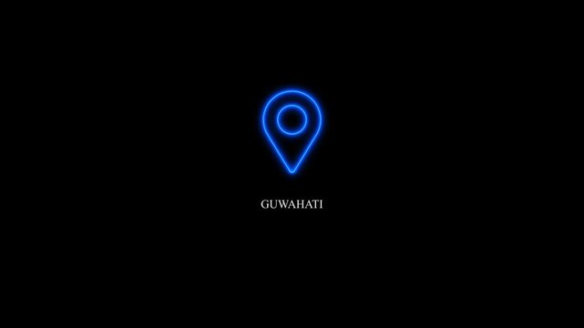 Guwahati text animation with glowing blue neon location marker, GPS geolocation pin highlighting city name, modern GPS location tracking concept, 4K video.