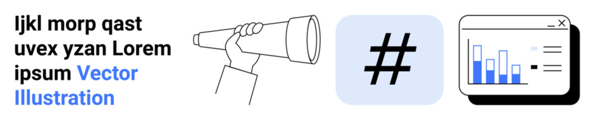 Obraz premium Person holding a telescope, a metadata tag icon, and a data analytics dashboard with blue bar charts. Ideal for strategy, analytics, marketing, research, trends, communication simple landing page