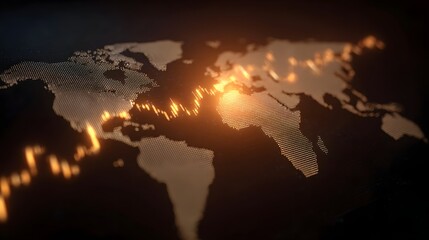 Global financial graph overlaying a digital world map with glowing energy