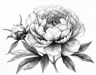 a black and white drawing of a peony flower on a white background, with leaves and bu