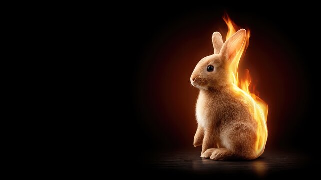 A cute brown rabbit sits calmly as flames artfully rise around its back, creating a striking contrast against a dark background - Powered by Adobe