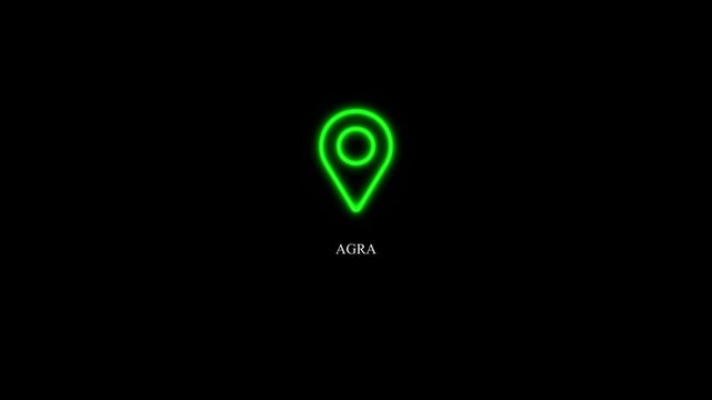 Agra text animation with glowing light green
neon location marker, GPS geolocation pin highlighting city name, modern location tracking concept, 4K video.