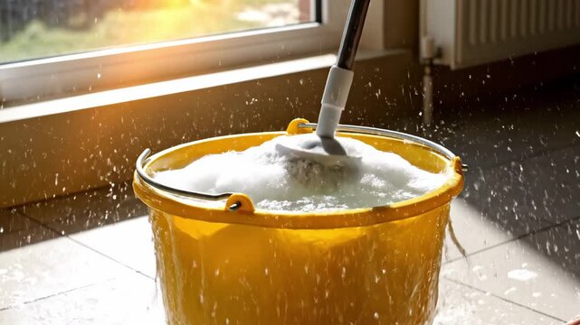 A mop lifts and twirls, releasing droplets of water in a bright room. Sunlight streams in as the bucket glistens, filled with swirling water, creating a cheerful atmosphere.