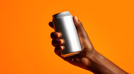 Hand Holding a Silver Aluminum Can Against a Vibrant Orange Background.