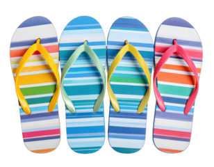 Four colorful flip-flops with striped patterns and vibrant thong straps