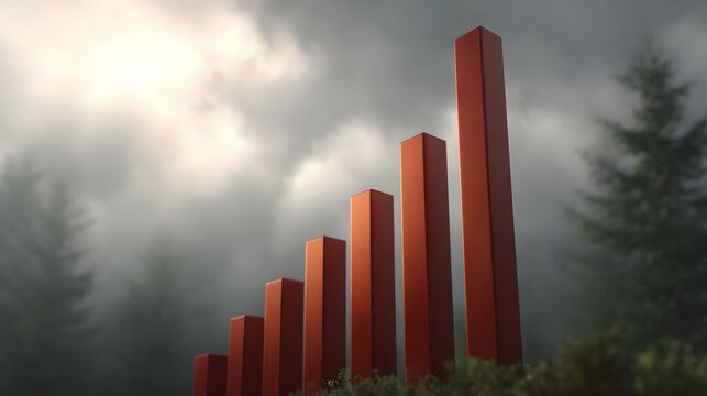Abstract red bar graph symbolizing economic growth set against a misty atmospheric forest background - Powered by Adobe