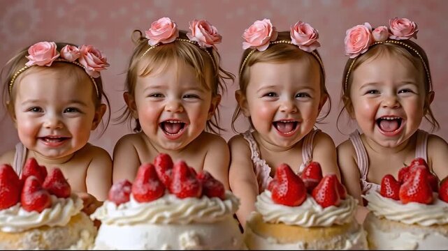 A group of four little girls sitting in front of a cake with strawberries on top