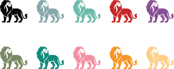 Group of diverse colored lion silhouettes big cat set, Colorful lion animal silhouette collection © jakircreativedesign