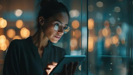 Focused young professional woman with glasses intently reviews data on a tablet while gazing out at a vibrant cityscape illuminated by countless twinkling lights during nighttime hours - Powered by Adobe