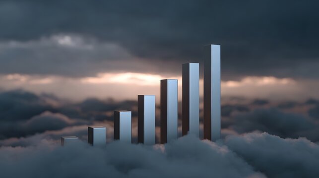 Metallic bars of a rising financial chart emerge from clouds under a dramatic sky at dawn symbolizing growth and success
