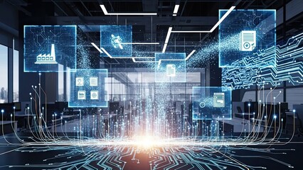 Futuristic office with glowing blue circuit board and data visualization elements