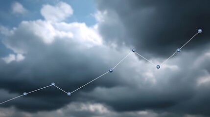 A line graph with data points shows fluctuations against a dramatic backdrop of stormy clouds