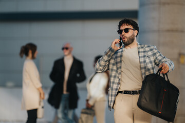 Naklejka premium A man in a checkered blazer talks on his phone while carrying a black bag in a city setting.