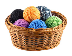 A woven basket brimming with a vibrant array of colorful yarn balls