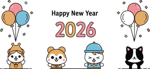 Fototapeta premium Four cartoon animals in hats celebrating New Year 2026 with balloons and confetti celebration