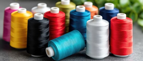Colorful spools of thread arranged on a table ready for sewing projects in a bright room with green plants in the background