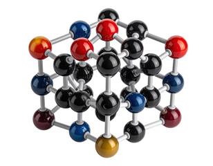 Close-up view of a colorful 3D molecular model against a black background