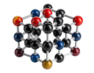 Close-up view of a colorful 3D molecular model against a black background