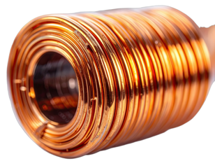 A close-up view of coiled copper wire with a reflective, shiny metallic finish